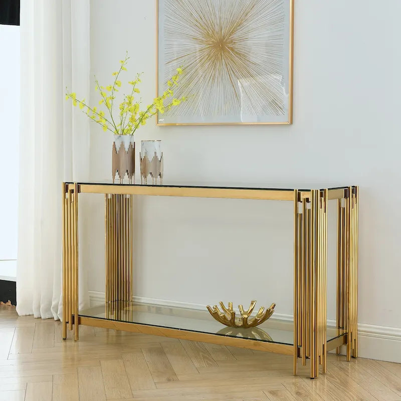 Narrow 2-Tier Console Table with Gold Metal Frame and Tempered Glass Top