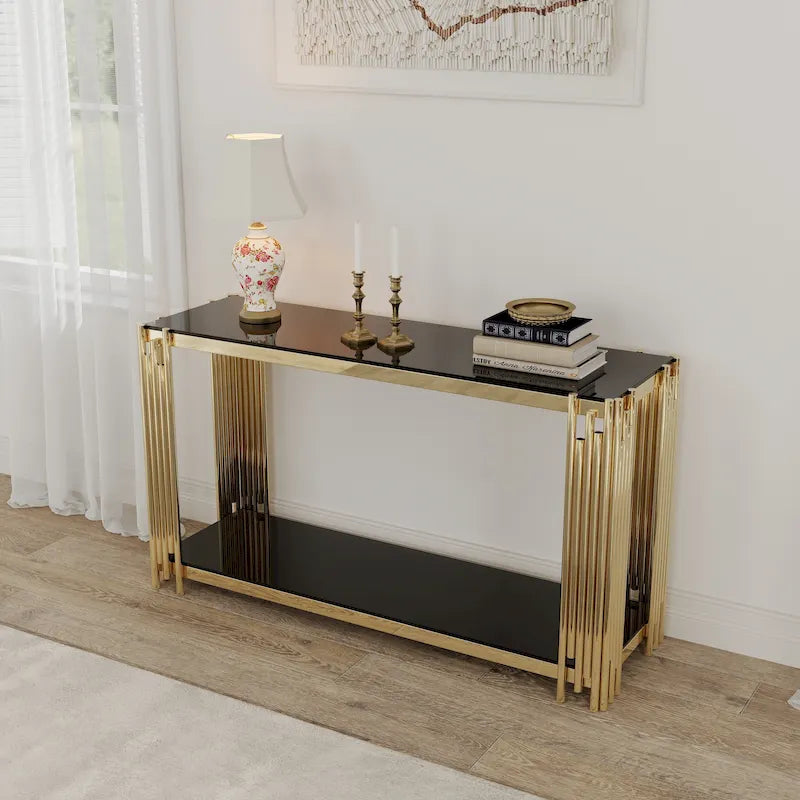Narrow 2-Tier Console Table with Gold Metal Frame and Tempered Glass Top