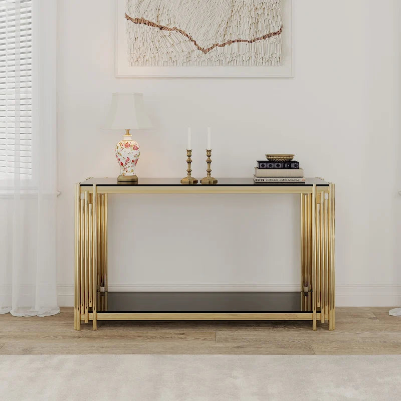 Narrow 2-Tier Console Table with Gold Metal Frame and Tempered Glass Top