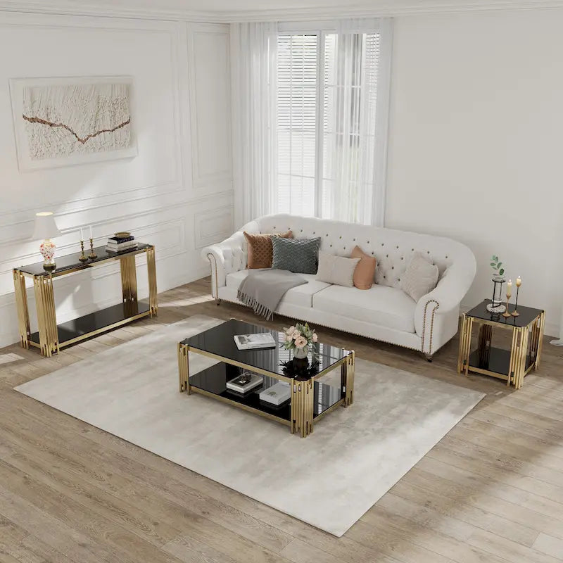 Narrow 2-Tier Console Table with Gold Metal Frame and Tempered Glass Top