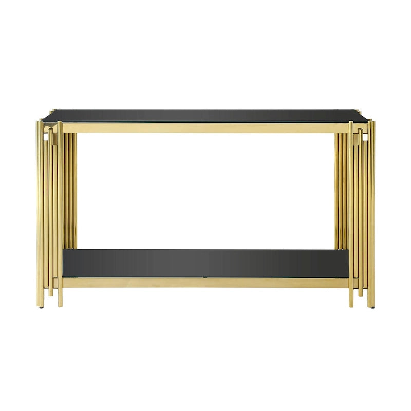 Narrow 2-Tier Console Table with Gold Metal Frame and Tempered Glass Top