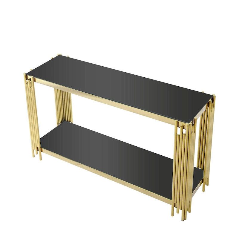 Console étroite à 2 niveaux avec cadre en métal doré et plateau en verre trempé