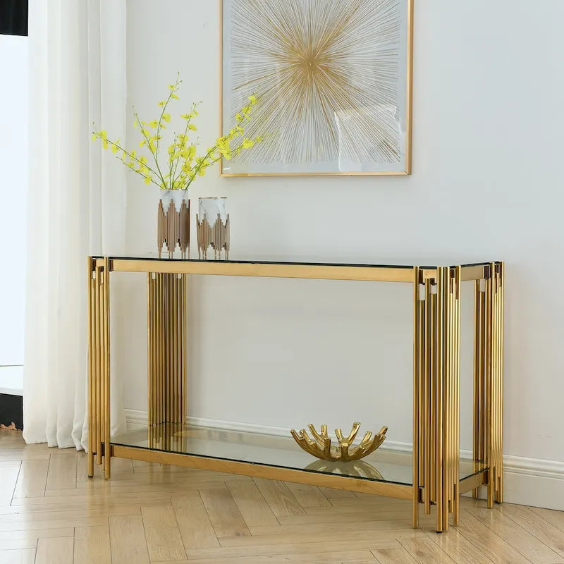 Console étroite à 2 niveaux avec cadre en métal doré et plateau en verre trempé