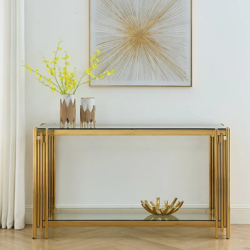 Console étroite à 2 niveaux avec cadre en métal doré et plateau en verre trempé