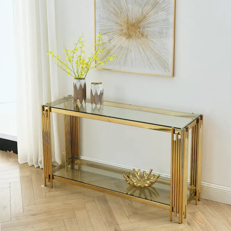 Console étroite à 2 niveaux avec cadre en métal doré et plateau en verre trempé