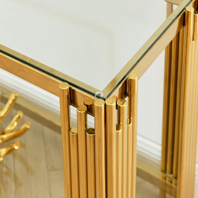 Console étroite à 2 niveaux avec cadre en métal doré et plateau en verre trempé