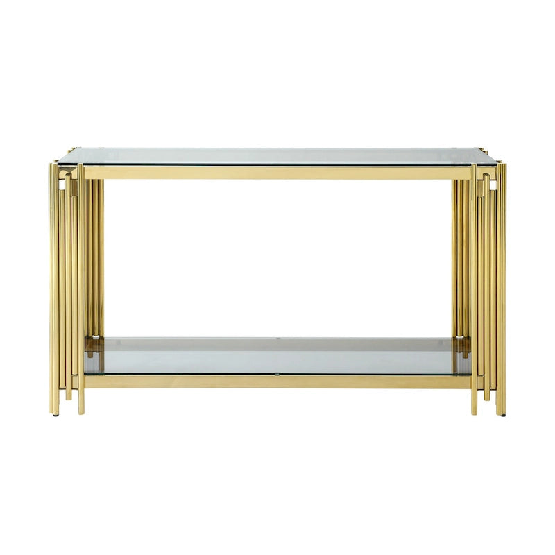 Console étroite à 2 niveaux avec cadre en métal doré et plateau en verre trempé