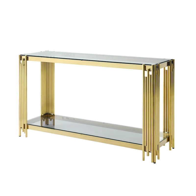 Console étroite à 2 niveaux avec cadre en métal doré et plateau en verre trempé