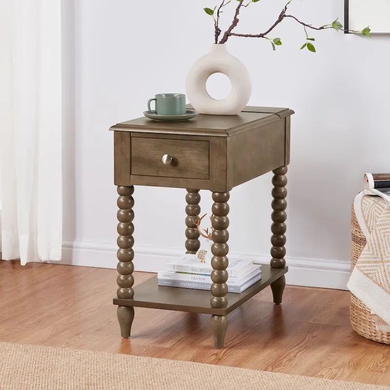 Table d'appoint en bois à pieds fuseau avec port de recharge USB