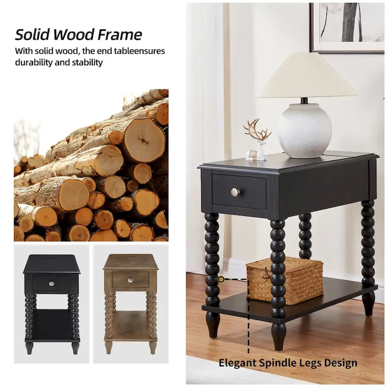 Spindle Leg Wood End Table with USB Charging