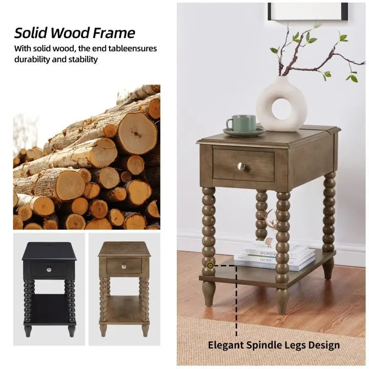 Spindle Leg Wood End Table with USB Charging