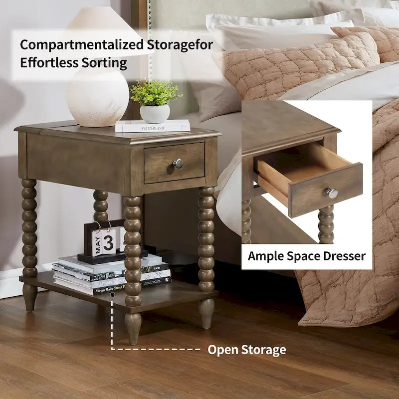 Table d'appoint en bois à pieds fuseau avec port de recharge USB
