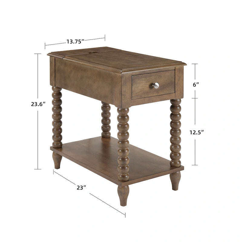 Table d'appoint en bois à pieds fuseau avec port de recharge USB