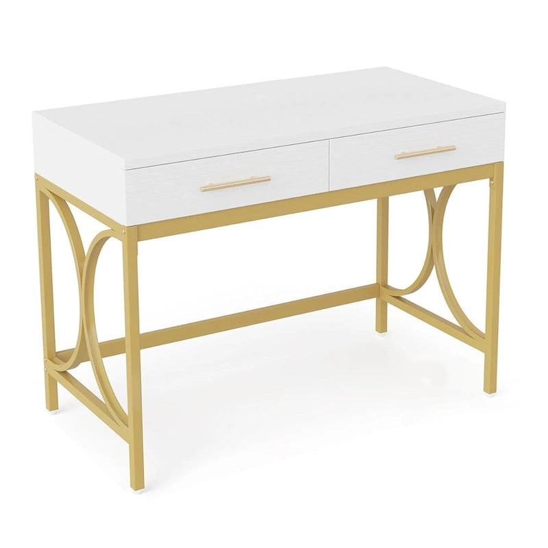 Bureau d'ordinateur, plateau blanc de 104 cm, 2 tiroirs, base dorée