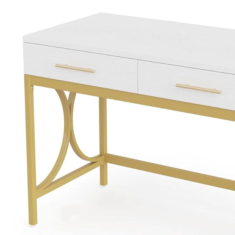 Bureau d'ordinateur, plateau blanc de 104 cm, 2 tiroirs, base dorée