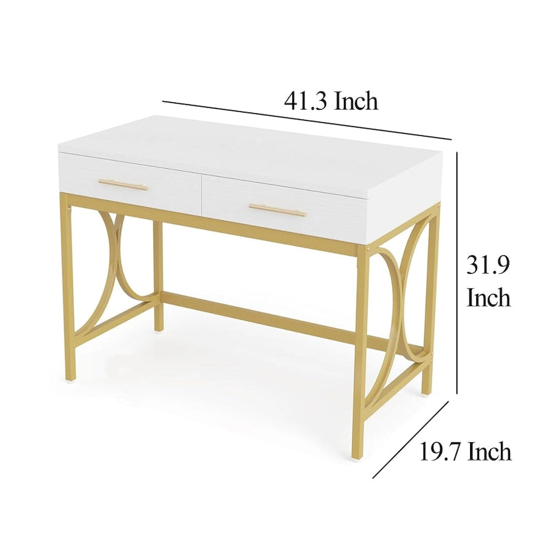 Bureau d'ordinateur, plateau blanc de 104 cm, 2 tiroirs, base dorée