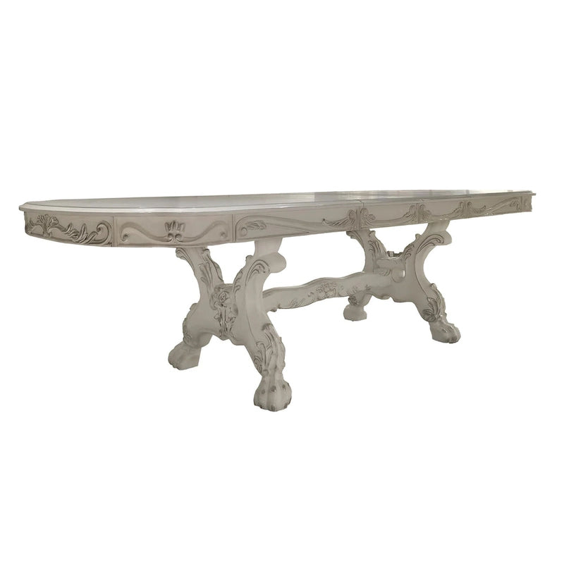 Table de salle à manger, double pied central, bois blanc cassé, 239-345 cm