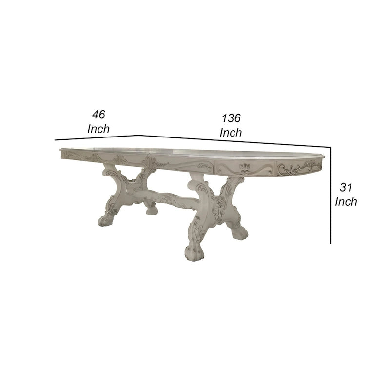 Table de salle à manger, double pied central, bois blanc cassé, 239-345 cm