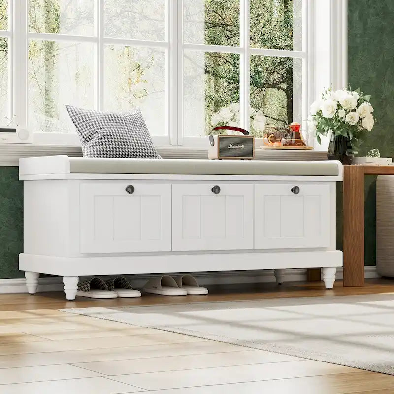 Classic Fluted Shoe Bench with Cushion & 3 Drawers