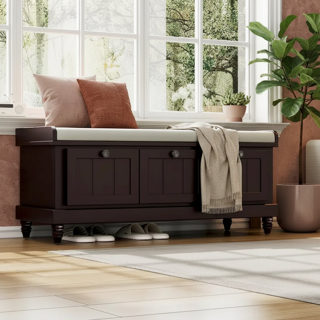 Classic Fluted Shoe Bench with Cushion & 3 Drawers
