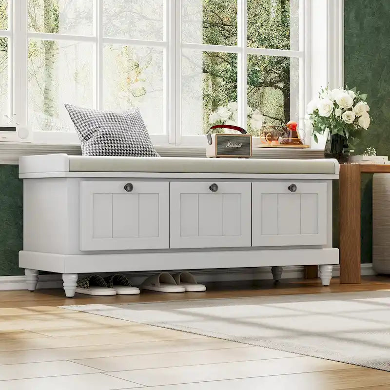 Banc à chaussures cannelé classique avec coussin et 3 tiroirs