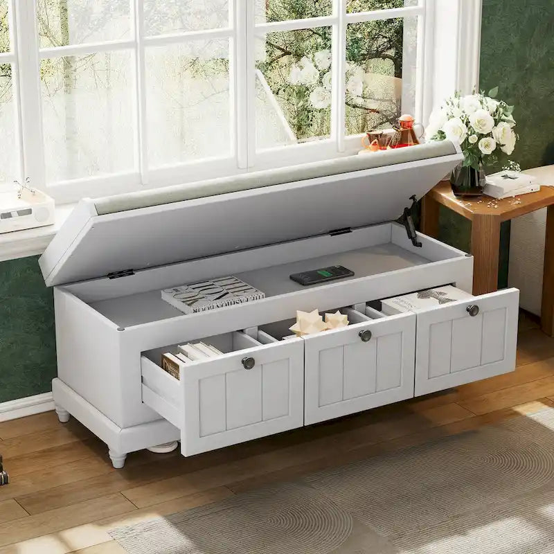 Banc à chaussures cannelé classique avec coussin et 3 tiroirs