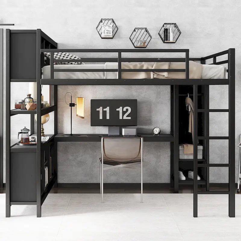 Metal Loft Bed with L-Shaped Desk & Wardrobe