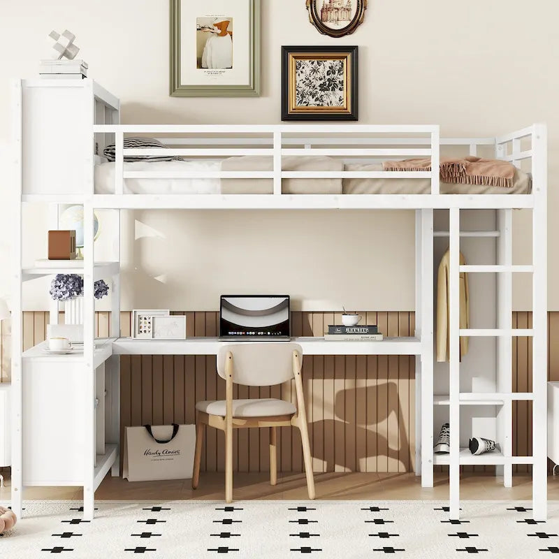 Metal Loft Bed with L-Shaped Desk & Wardrobe