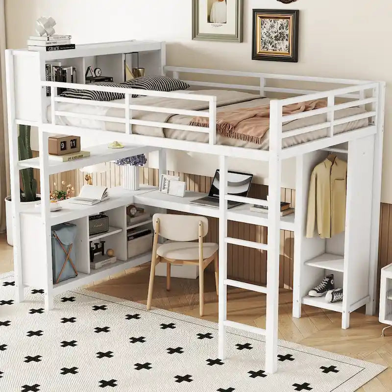 Metal Loft Bed with L-Shaped Desk & Wardrobe