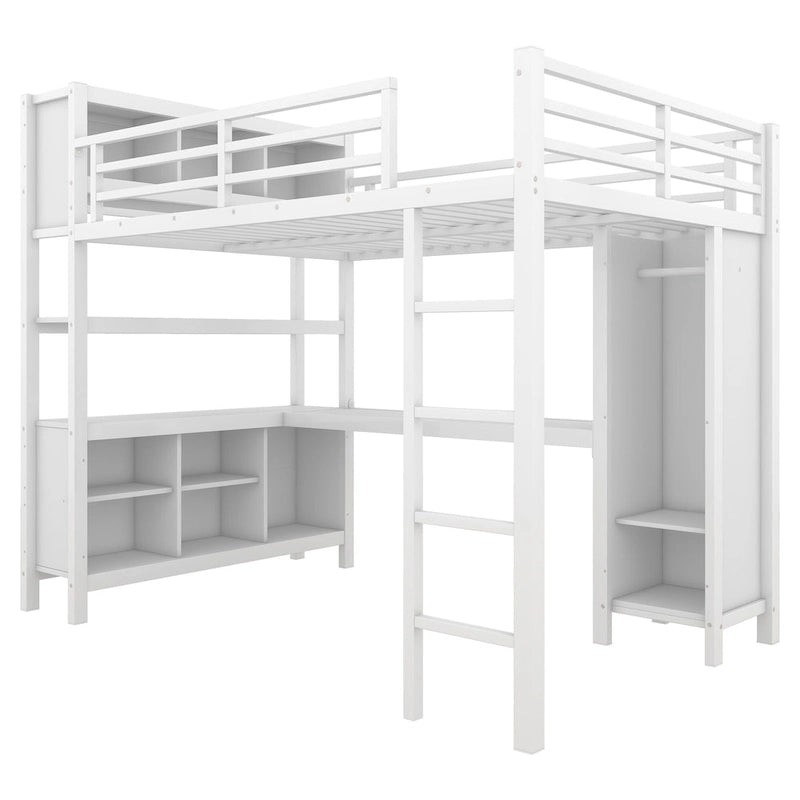Lit mezzanine en métal avec bureau en L et armoire