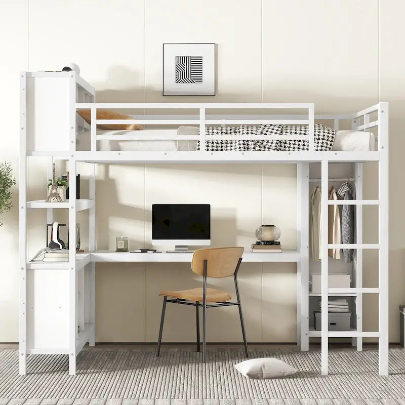 Lit mezzanine en métal avec bureau en L et armoire