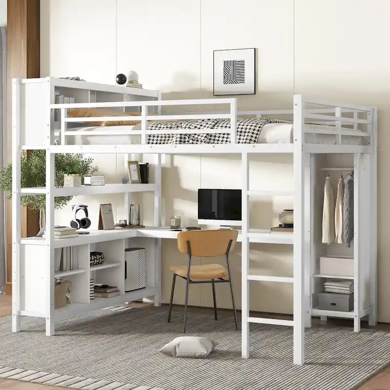 Lit mezzanine en métal avec bureau en L et armoire