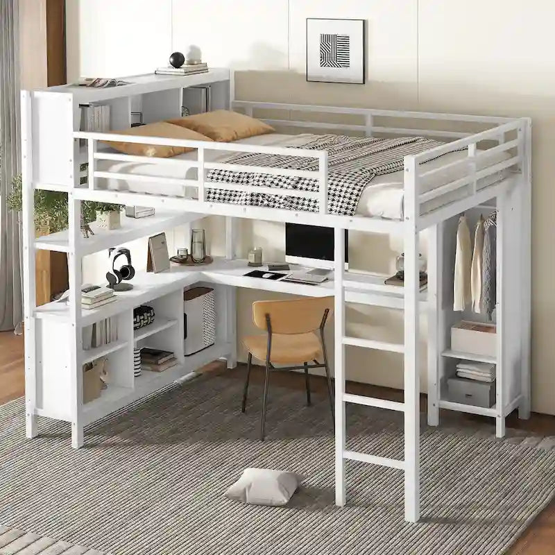 Lit mezzanine en métal avec bureau en L et armoire