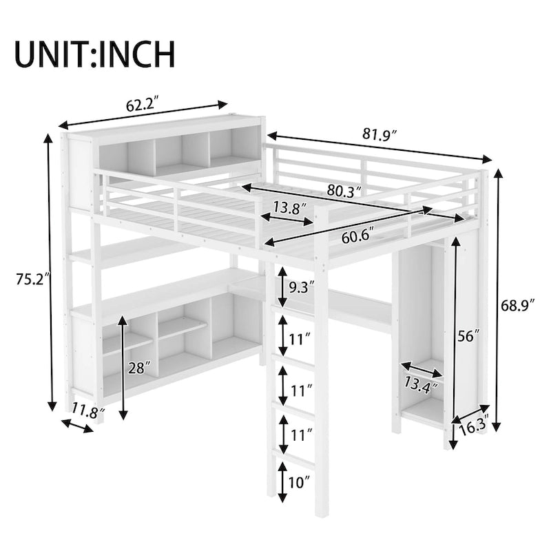 Lit mezzanine en métal avec bureau en L et armoire