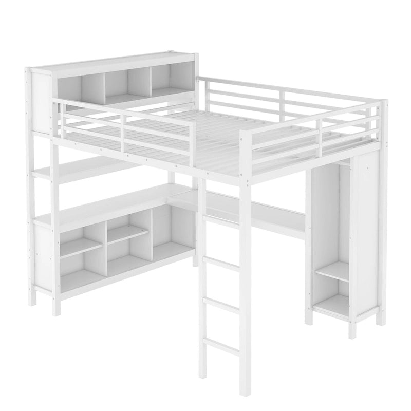 Lit mezzanine en métal avec bureau en L et armoire