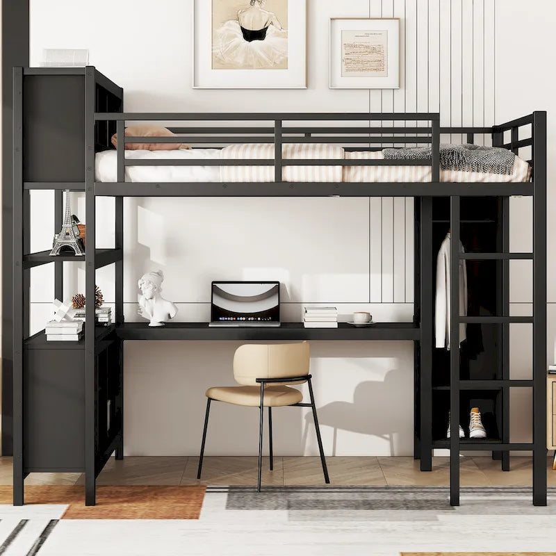 Lit mezzanine en métal avec bureau en L et armoire