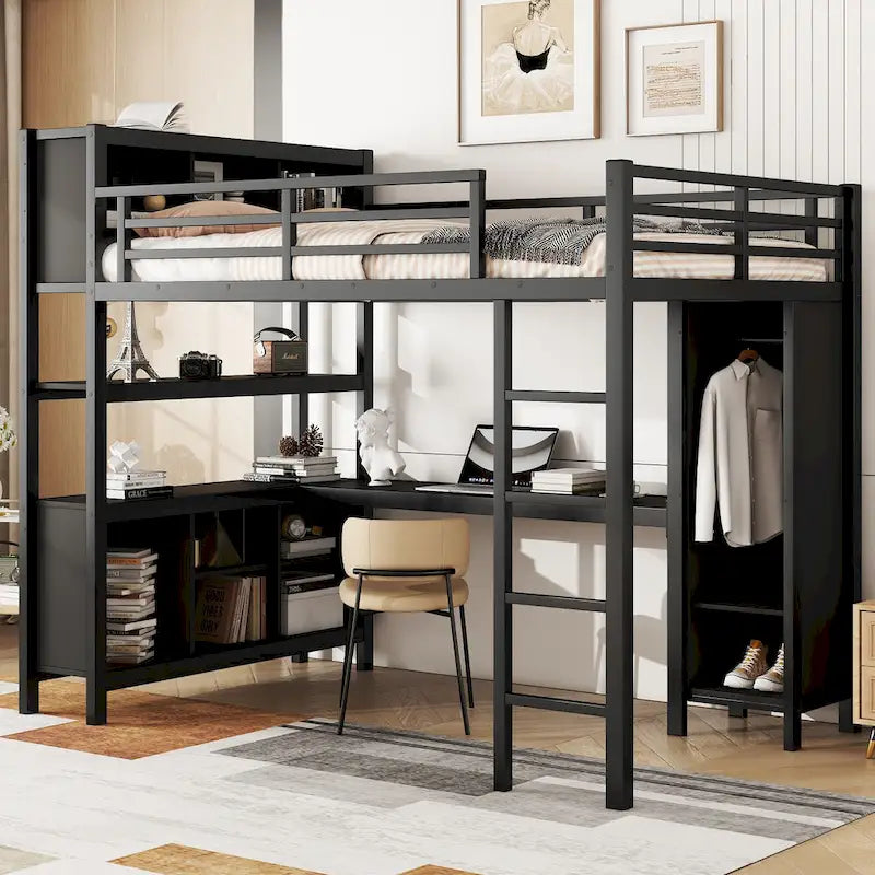 Lit mezzanine en métal avec bureau en L et armoire