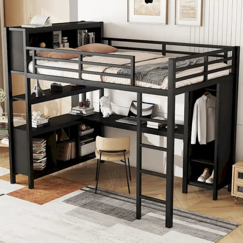 Lit mezzanine en métal avec bureau en L et armoire