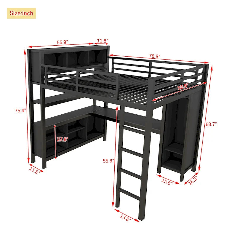 Lit mezzanine en métal avec bureau en L et armoire