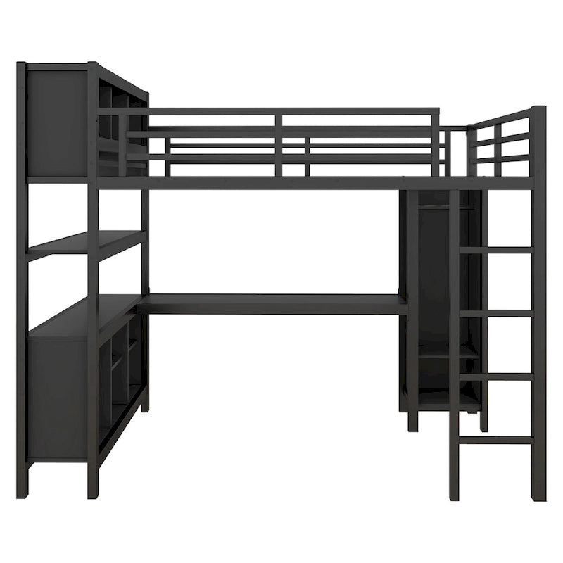 Lit mezzanine en métal avec bureau en L et armoire