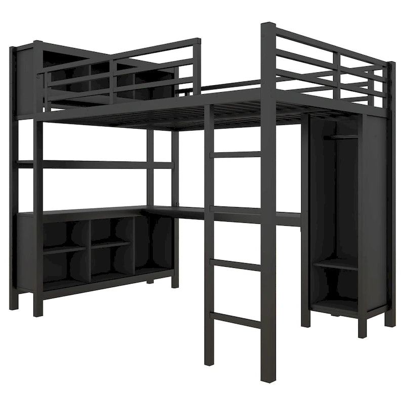 Lit mezzanine en métal avec bureau en L et armoire