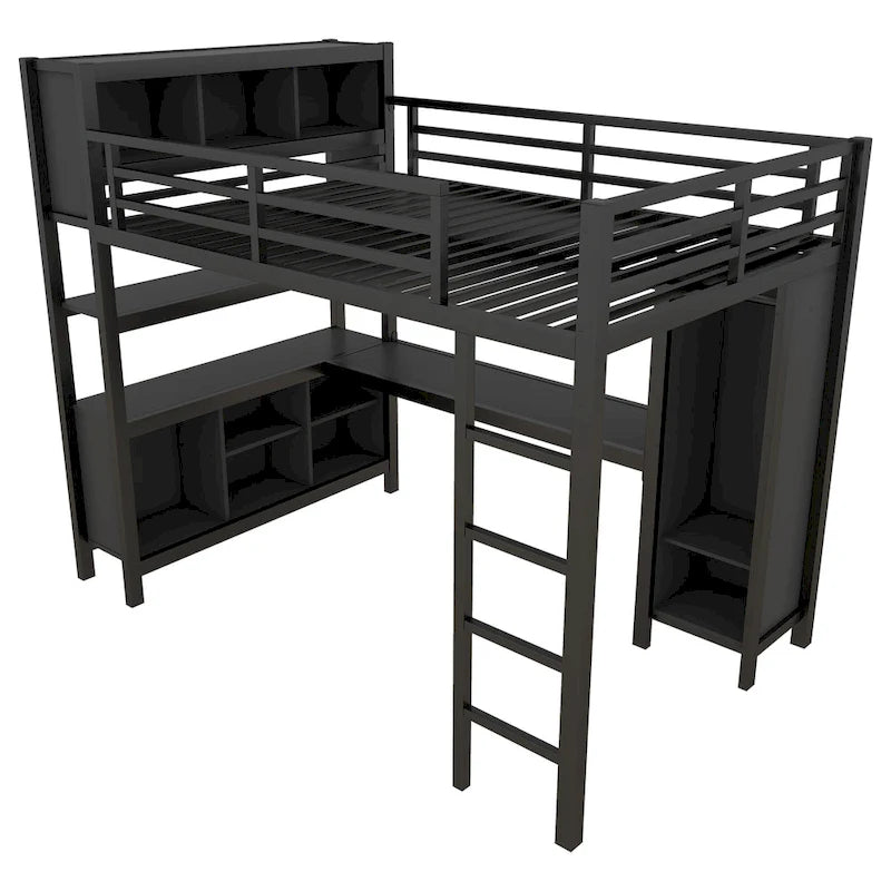 Lit mezzanine en métal avec bureau en L et armoire