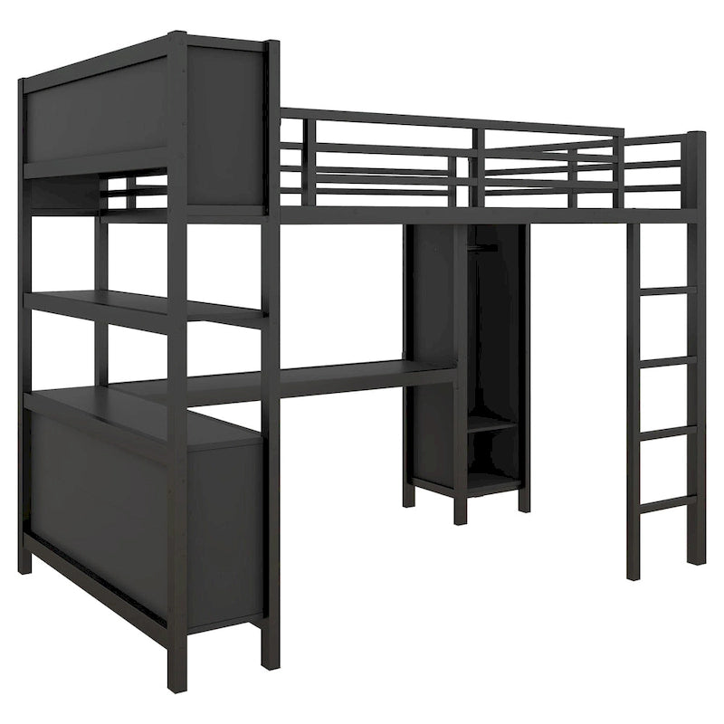 Lit mezzanine en métal avec bureau en L et armoire