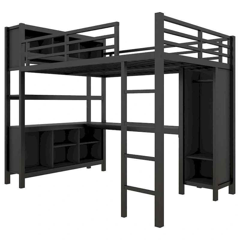 Lit mezzanine en métal avec bureau en L et armoire