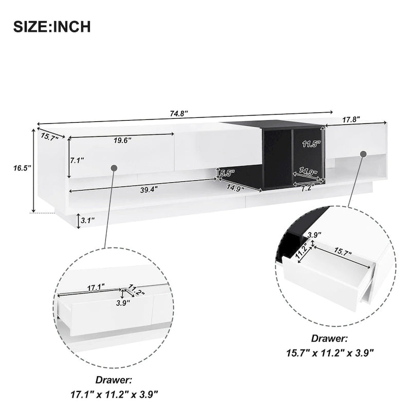 Meuble TV 74" avec rangement et compartiment pour TV jusqu'à 80"