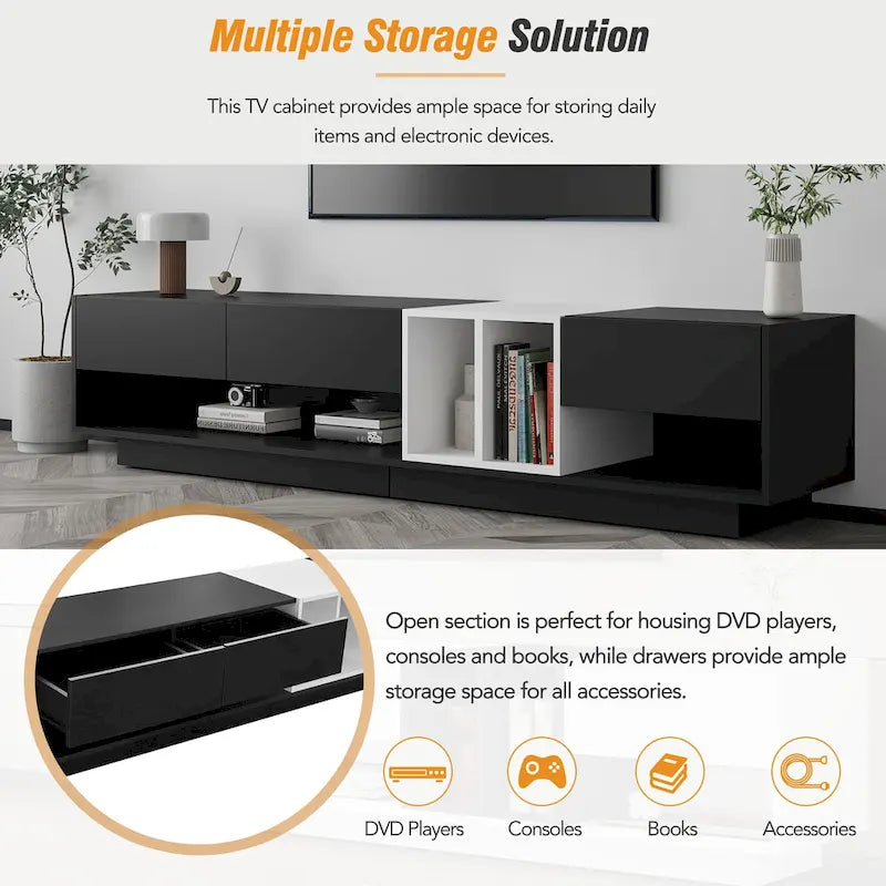 Meuble TV 74" avec rangement et compartiment pour TV jusqu'à 80"