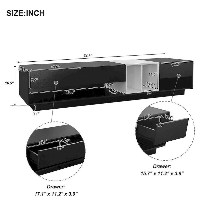Meuble TV 74" avec rangement et compartiment pour TV jusqu'à 80"