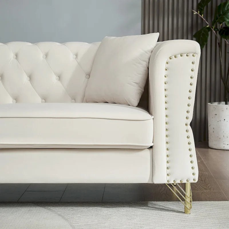 Beige 60.2 Velvet 2 Seater Sofa Couch with Metal Feet, 2 Pillows, Nailhead Trim, Solid Wood Frame and Foam Padding
