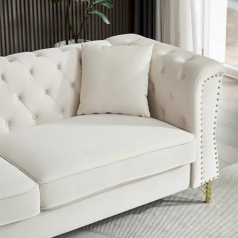 Canapé 2 places en velours beige 60,2 avec pieds en métal, 2 coussins, clous décoratifs, cadre en bois massif et rembourrage en mousse