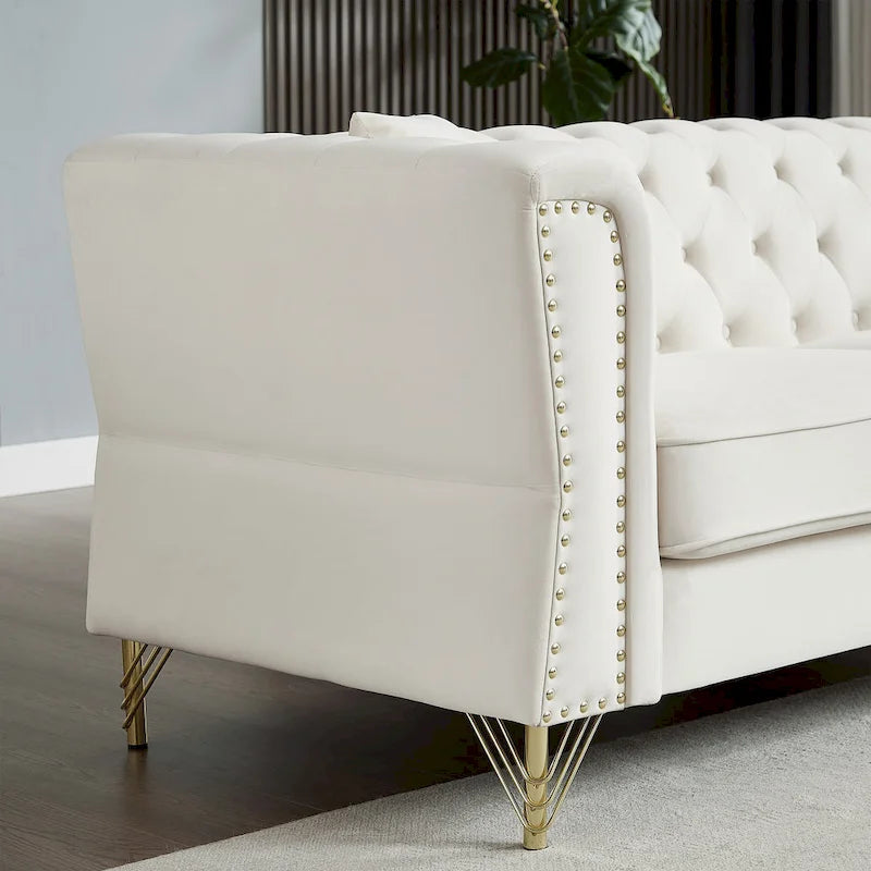 Canapé 2 places en velours beige 60,2 avec pieds en métal, 2 coussins, clous décoratifs, cadre en bois massif et rembourrage en mousse
